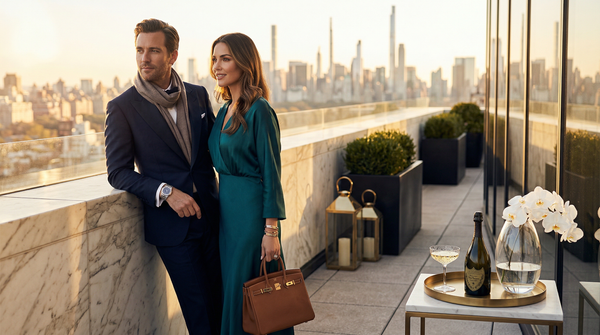 Penthouse terrace golden hour luxury couple with champagne