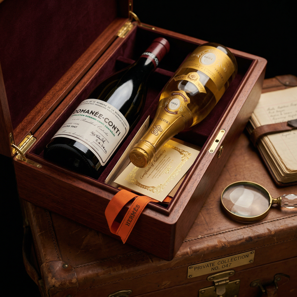 Open mahogany case with DRC and Cristal on burgundy velvet