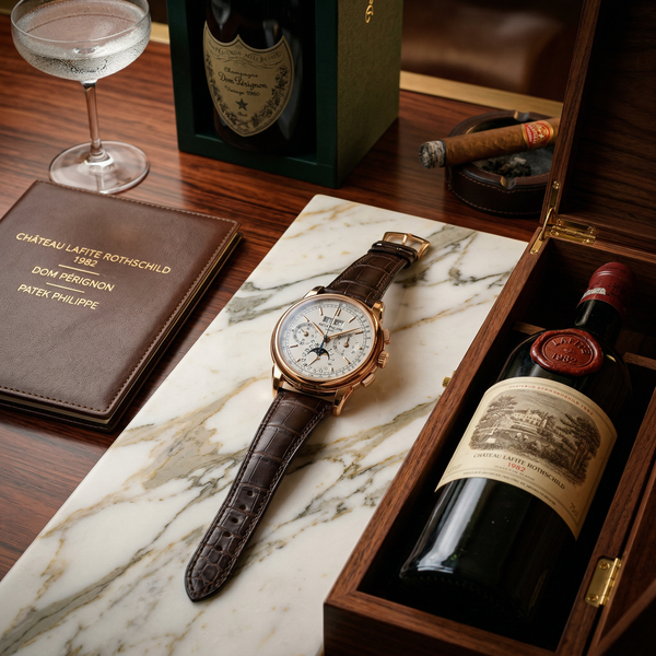 Patek watch and Château Lafite label on Calacatta marble