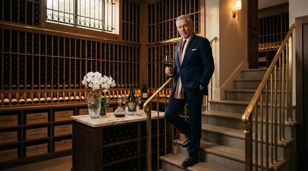 Private wine cellar owner descending stairs with vintage bottles