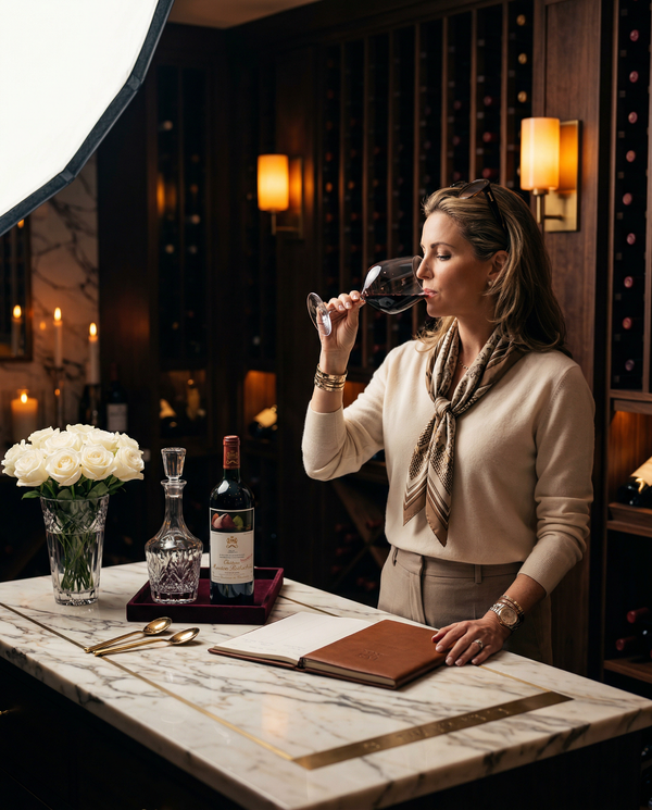 Woman tasting vintage Bordeaux at marble tasting island