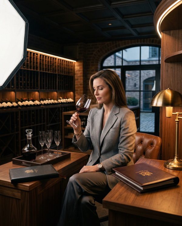 Seated collector in leather chair swirling Château Cheval Blanc