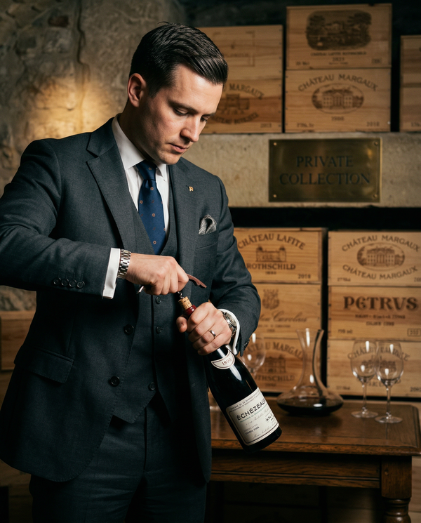 Sommelier uncorking Domaine de la Romanée-Conti under spotlight