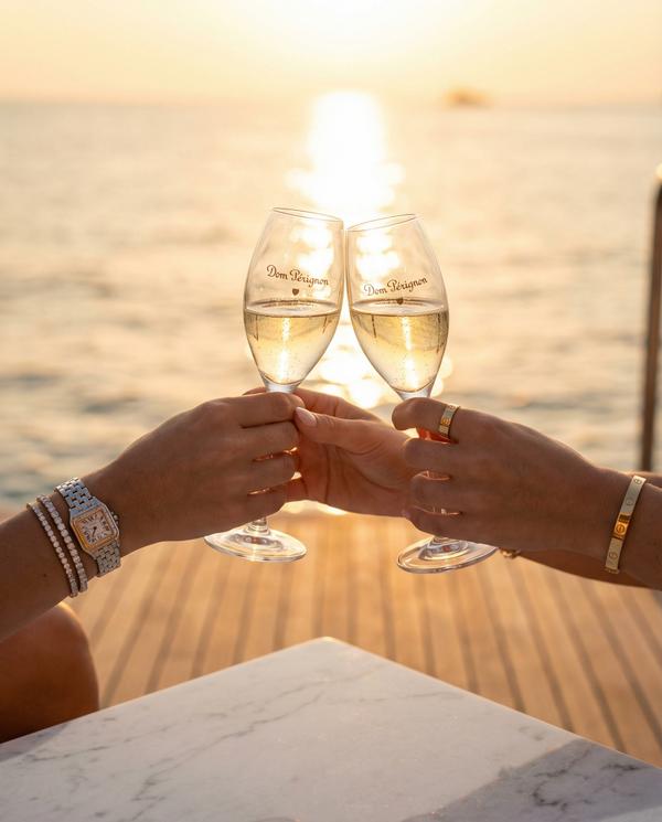 Luxurious champagne toast at sunset on a yacht, celebrating life