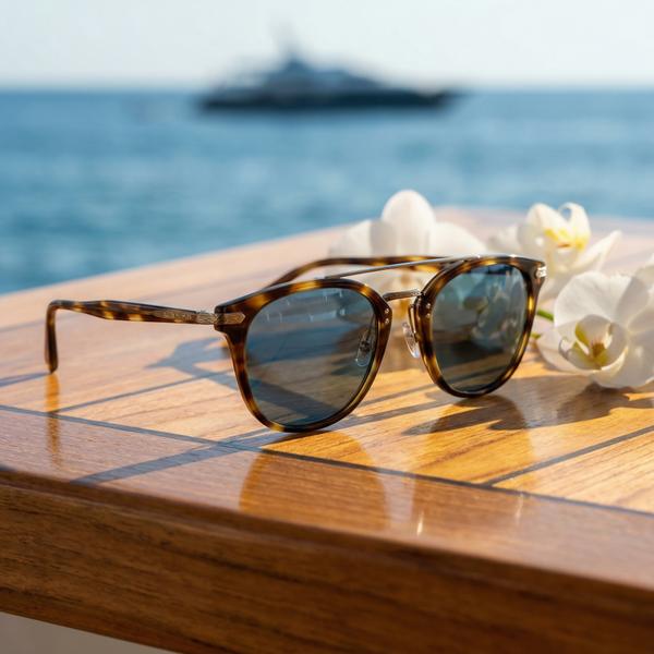 Stylish designer sunglasses reflecting the ocean and yacht lifestyle