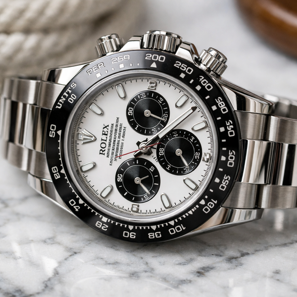 Close-up of Rolex Daytona on marble surface