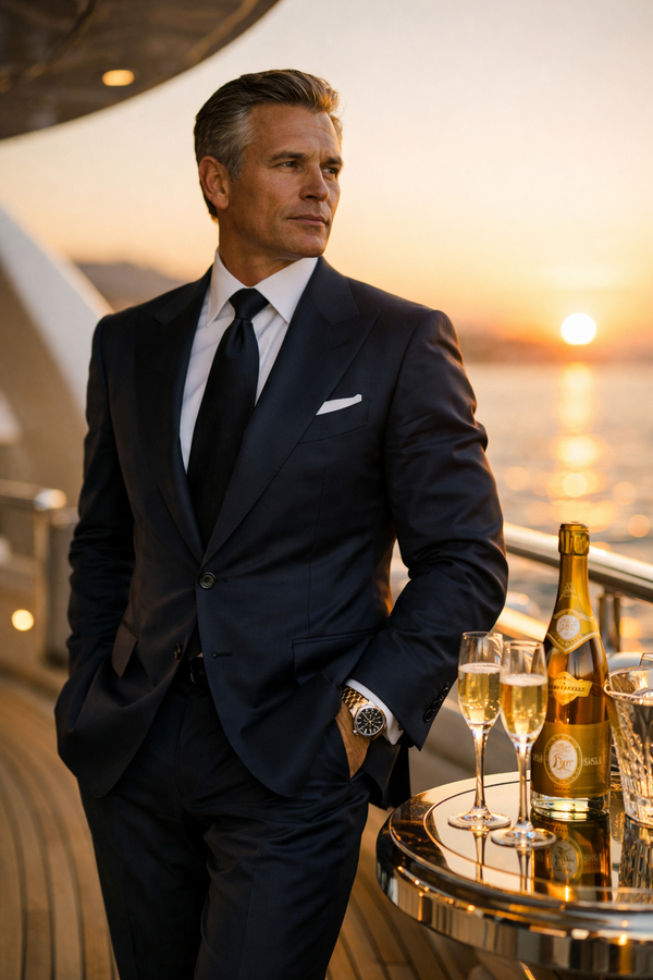 Wealthy man in Tom Ford suit on luxury yacht at sunset