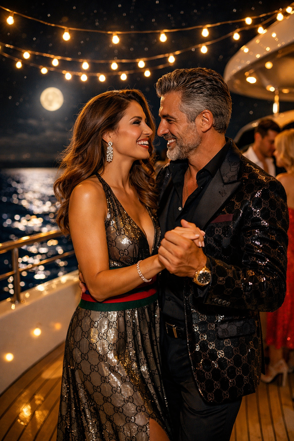 Evening yacht party with elegantly dressed couple