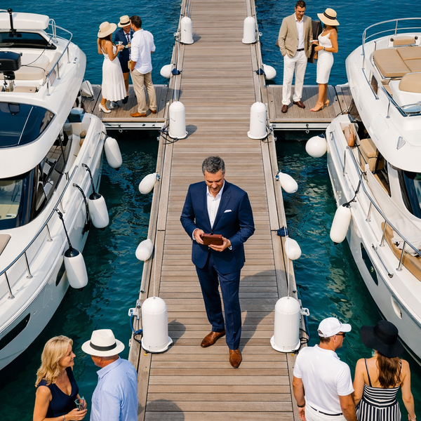 Overhead view of luxury yacht club dock
