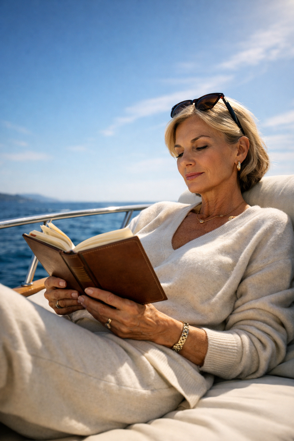 Luxurious woman in cashmere on yacht bow