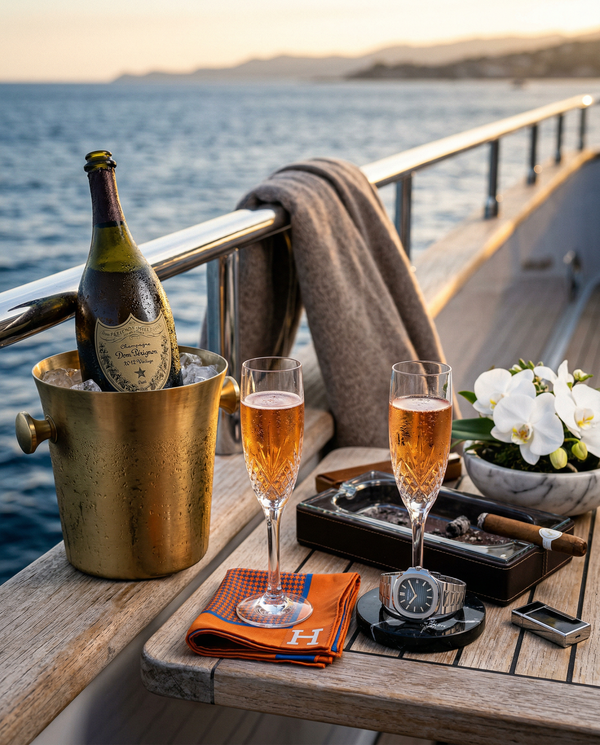 Dom Pérignon and crystal flutes on teak yacht rail with marble accents
