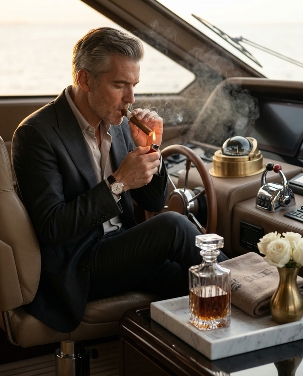 Cigar moment on yacht cockpit with Patek Philippe and cognac at sunset