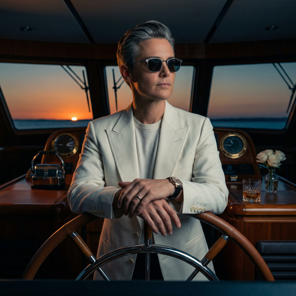 Silhouette portrait at yacht helm with luxe instruments at sunset