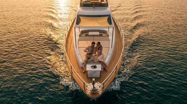 Overhead drone of couple on yacht bow at golden hour, luxury cruise