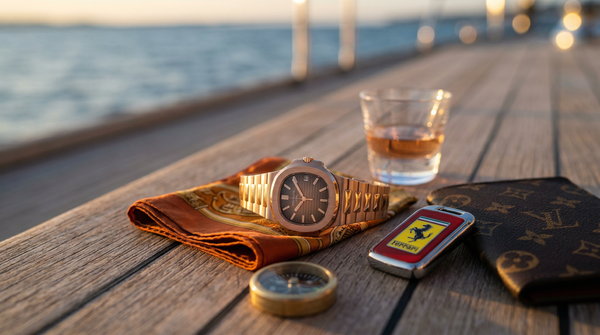 Patek Philippe and Ferrari key on teak with Louis Vuitton passport at sunset